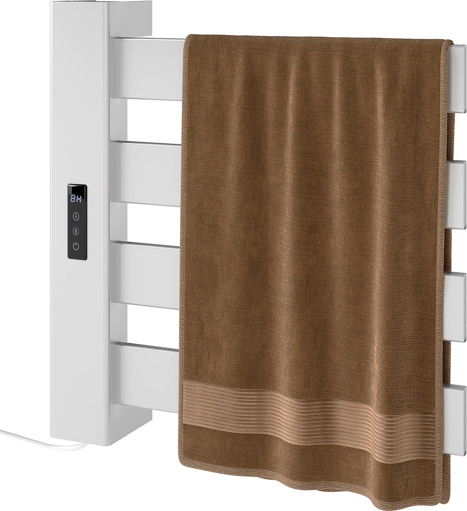 HOMCOM Fali Elektromos Törölközőszárító 130W Alumínium Ötvözet WIFI Irányítással, Érintőképernyővel és Időzítővel, 4 Bár, Állítható Hőmérséklet, Alacs