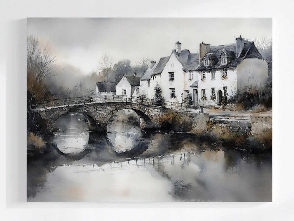 Vászonkép Canvas Anglia Falu Házak Falu Folyó Híd Nosztalgia 80x60