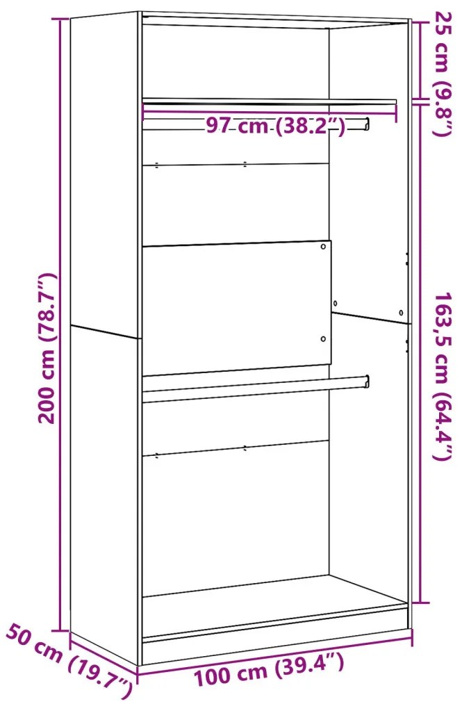 Fekete Tölgy Ruhásszekrény - 100 x 50 x 200 cm, jól megtervezett fából készült