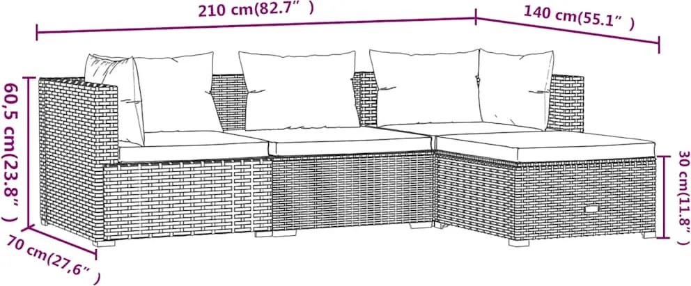 4 részes fekete polyrattan kerti bútorszett párnákkal