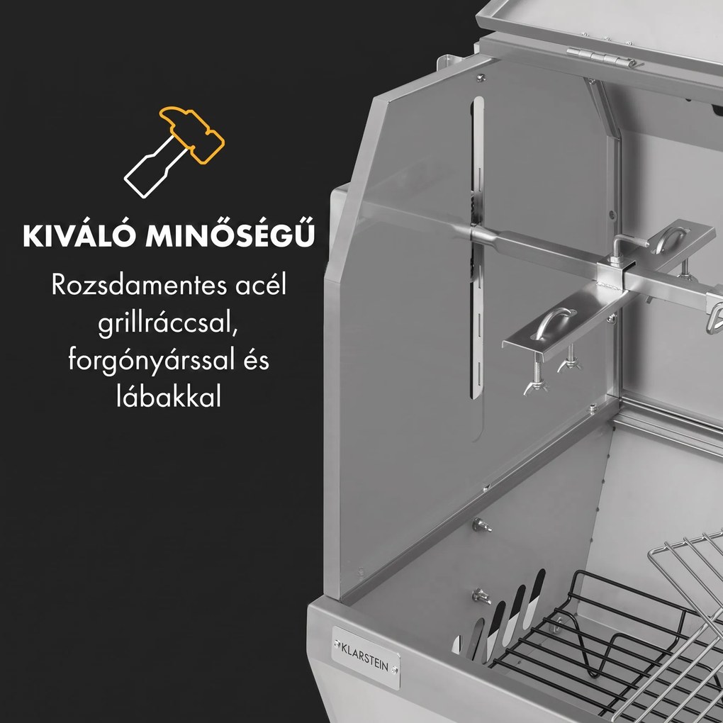 Klarstein Sauenland Pro XL, malacsütő grill, forgó nyárs, 13 W, 4 kerék, rozsdamentes acél