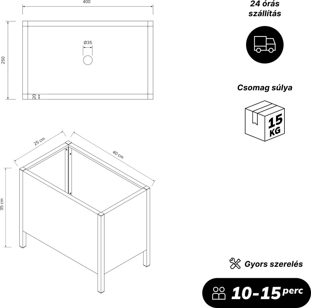 Kis fém virágcserép-burkolat, szürke, 400x350x250 mm: DAISY