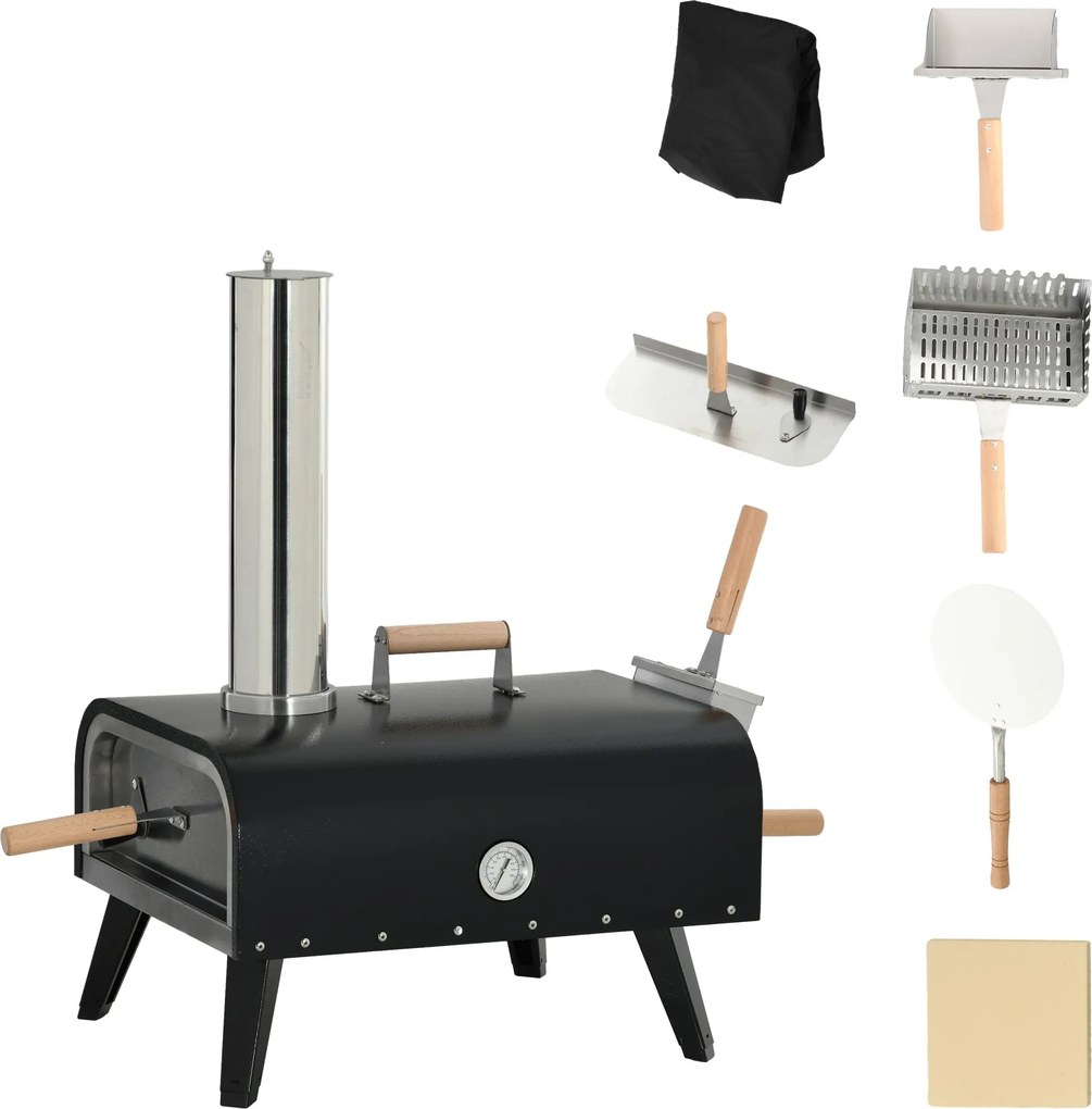 Outsunny 2 az 1-ben Fa Tüzelésű Pizza Sütő Pizza Kővel, Pizza Tálcával, Pizza Lapáttal, Összecsukható Grill a Kültéri BBQ-hoz, Acél Fekete | Aosom