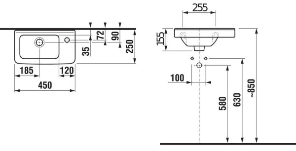 JIKA H8114240001061 - CUBITO 45x25 cm kerámia, falra szerelhető mosdó, fehér