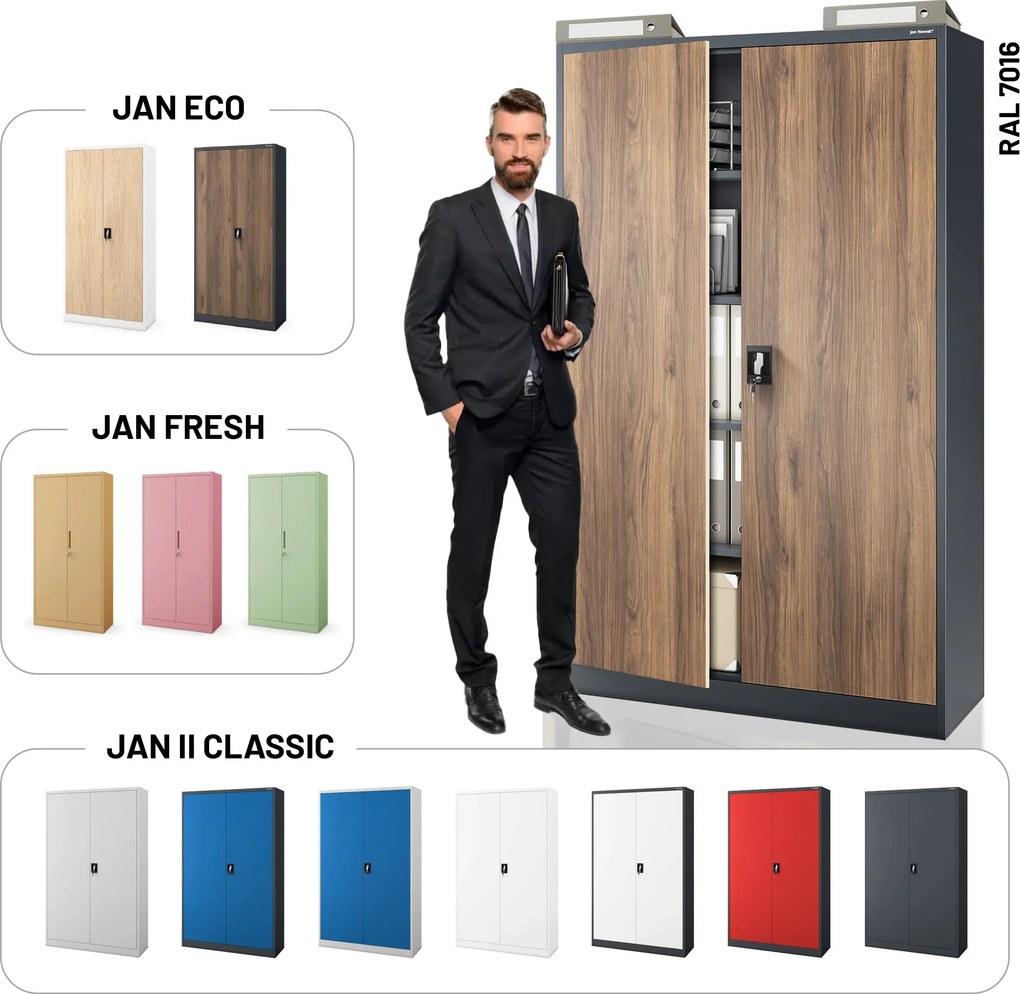 Fém irodai iratszekrény, széles, antracit/dió, 1150x1850x400 mm: JAN II Eco Design