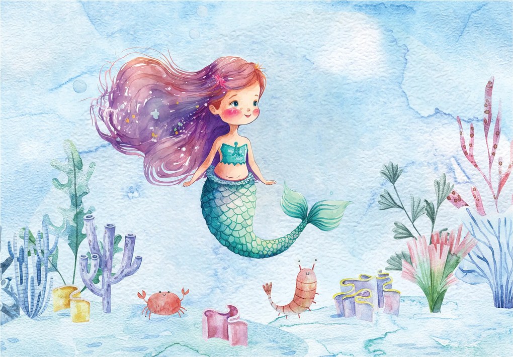 Hableány akvarell tapéta víz alatti világ gyerekszobába 368x254 vinil+ragasztó