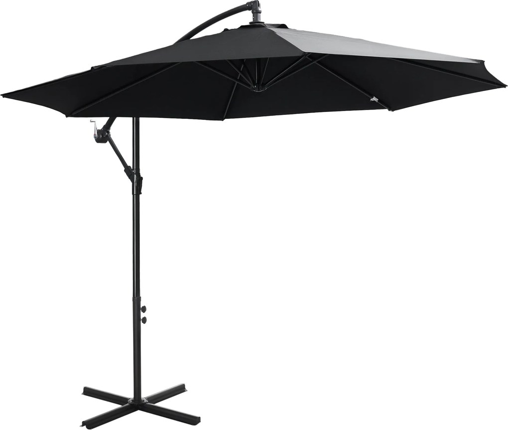 Outsunny Lengőernyő Ø300 cm Dőlésszögállítható Napernyő UV Védelemmel, Kézi Kurblis Napernyő Állvánnyal, Piacernyő, Kert Napernyő Terasz Fényvédő Feke