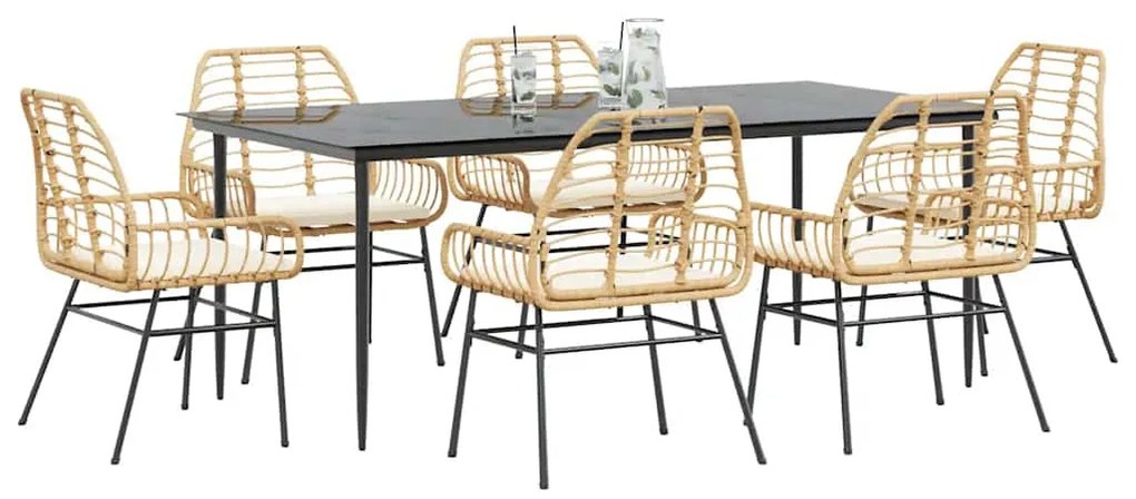 7 észes barna polyrattan üveg kerti étkezőgarnitúra párnával