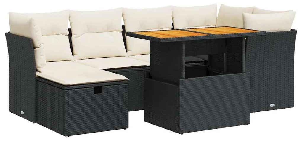7 részes fekete polyrattan akácfa kerti ülőgarnitúra párnával