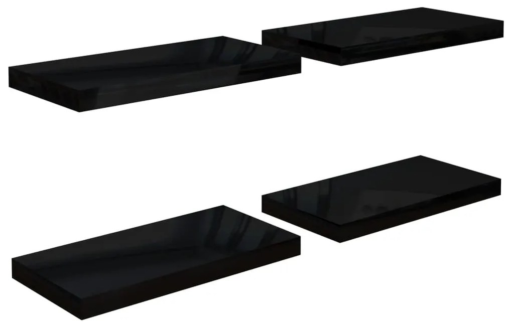 4 db magasfényű fekete MDF lebegő fali polc 50 x 23 x 3,8 cm