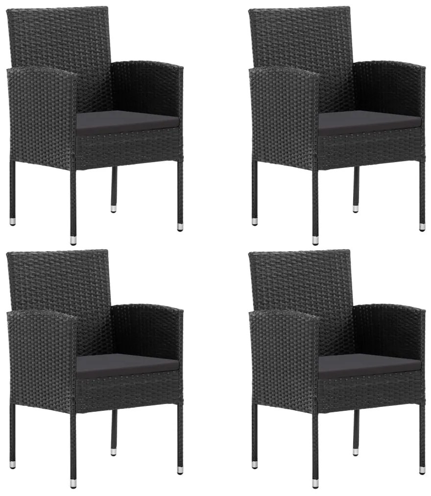 4 db fekete polyrattan kerti szék fekete párnákkal