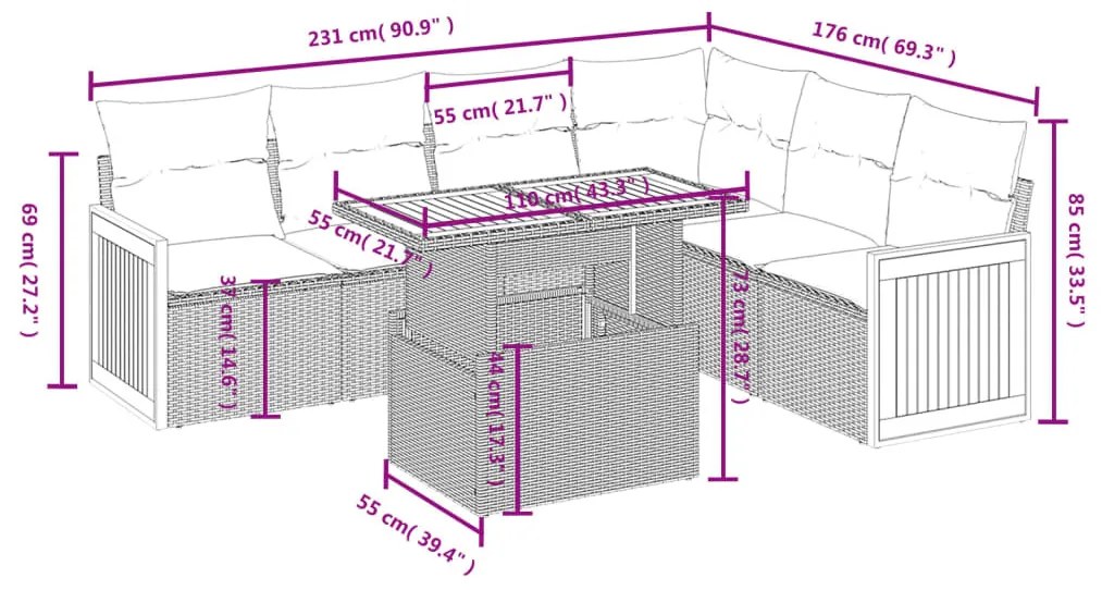 7 részes bézs polyrattan kerti ülőgarnitúra párnákkal