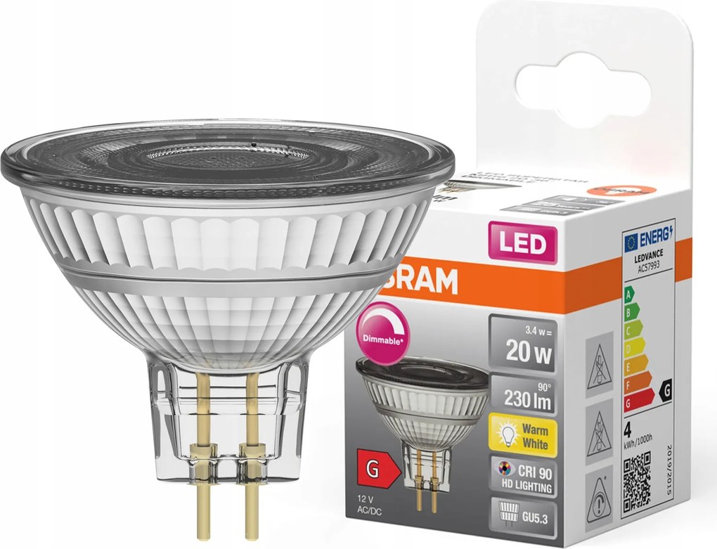 Led izzó MR16 GU5.3 3.4W 20W 230lm 2700K CRI90 12V 36° Tompítható Osram