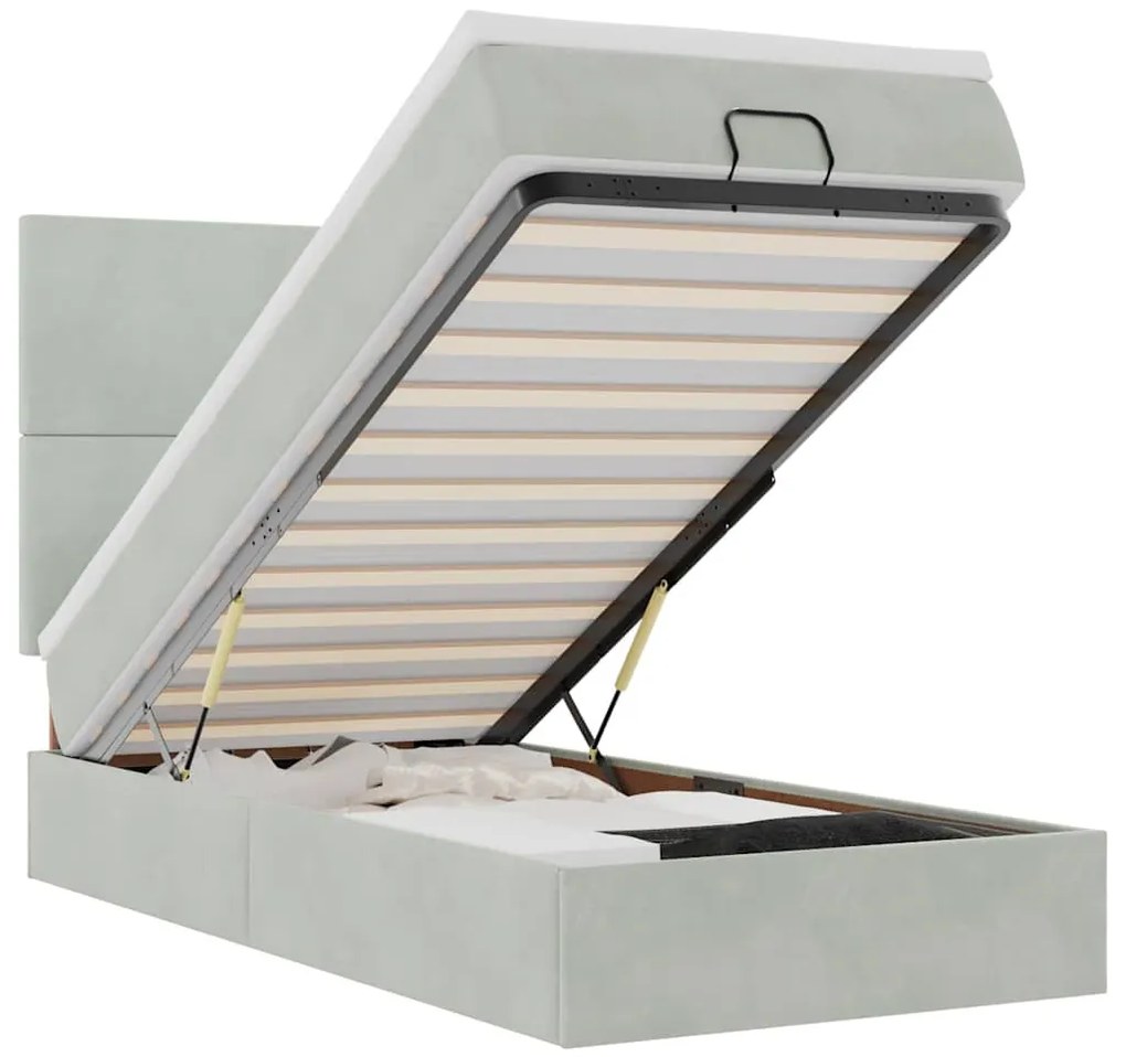 Ottomán ágykeret matracokkal világosszürke 80x200cm bársony