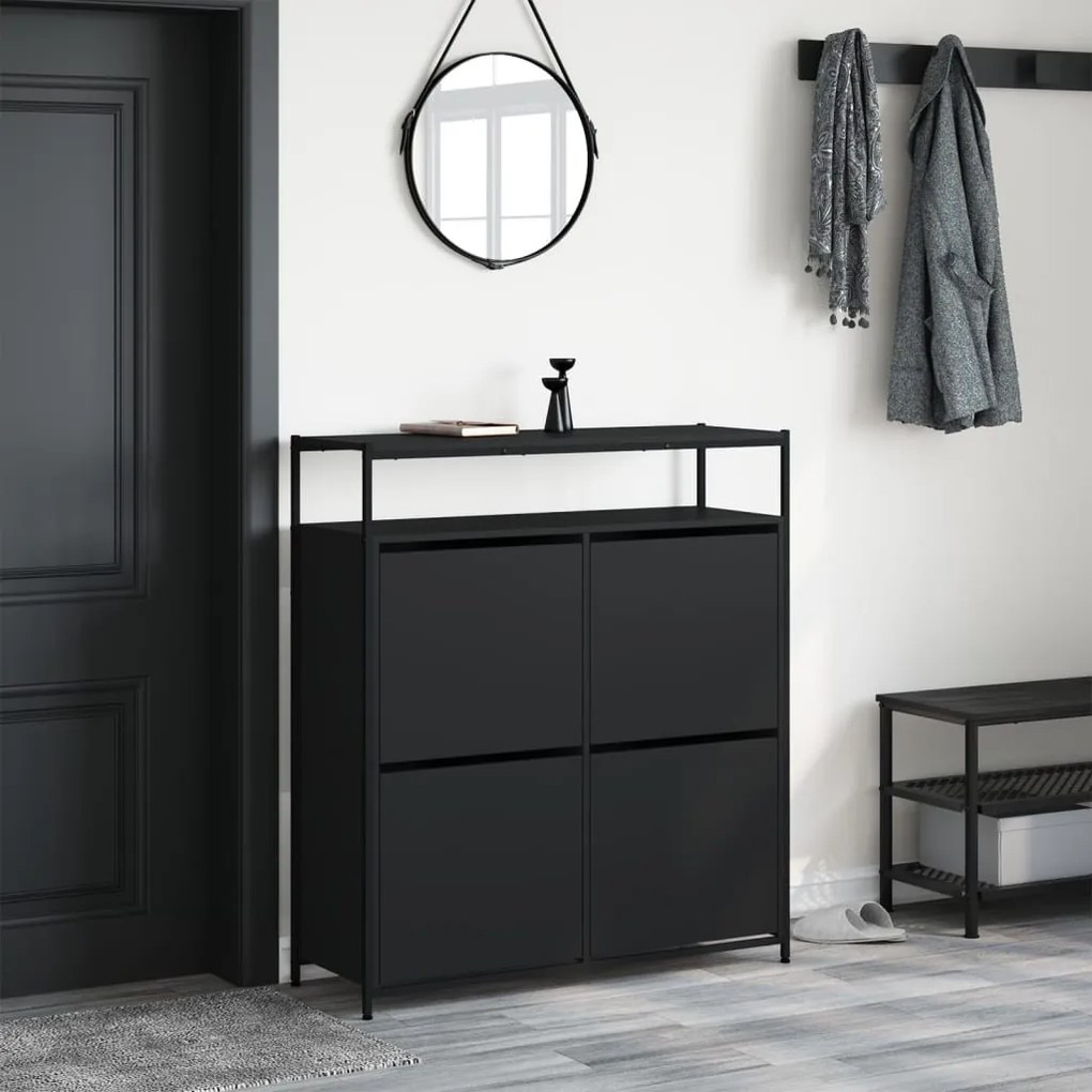 fekete cipőszekrény 4 kihajtható fiókkal 100 x 34 x 112 cm