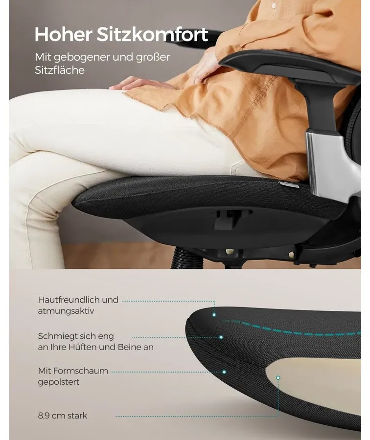 SONGMICS Ergonomikus szék, állítható, dönthető irodai szék, fekete
