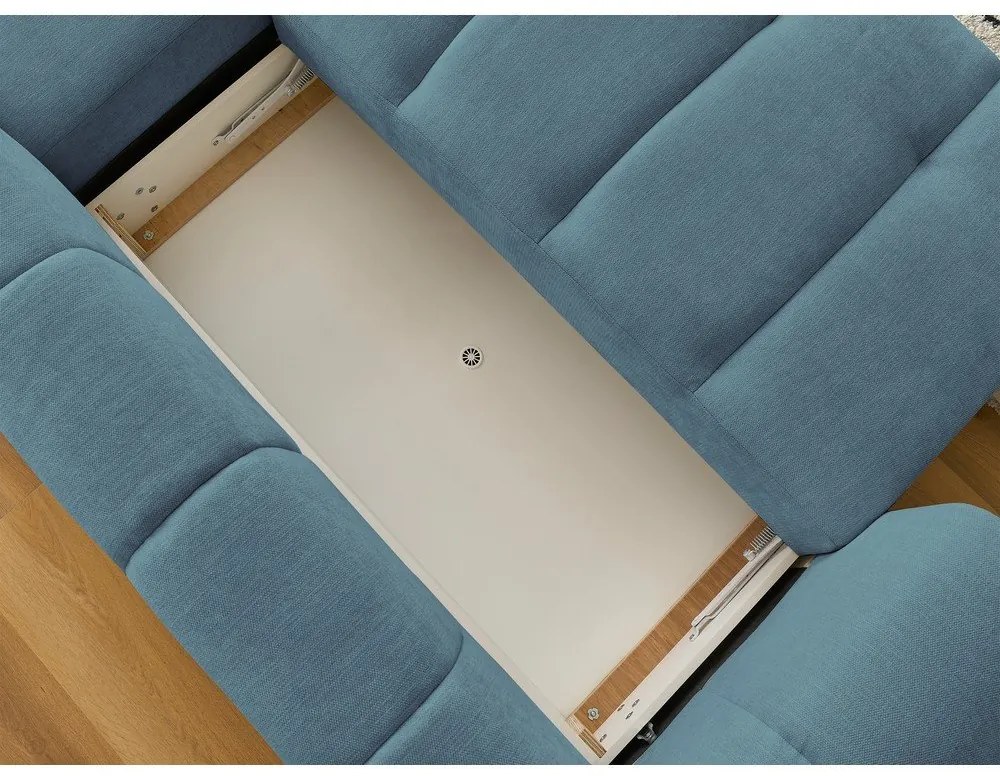 Kék kinyitható-tárolóhelyes sarokkanapé (jobb oldali-heverő résszel) Fuji – Bobochic Paris