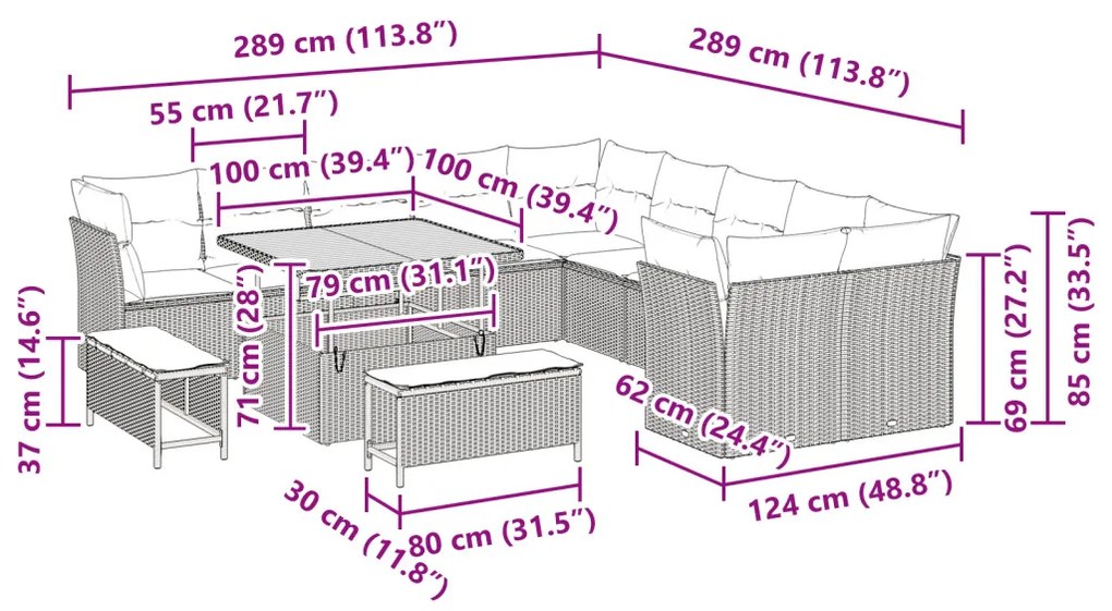 13 Darabos Kerti Kanapé Szett Párnákkal Bézs Poli Rattan Akácia