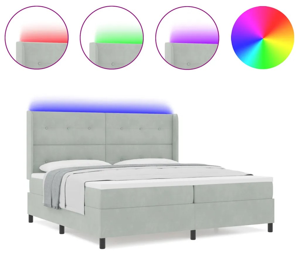 Boxspring Ágy Matraccal &amp; LED Fény Szürke 200x200 cm Bársony