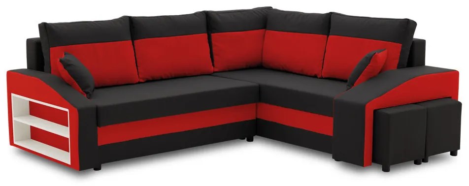 Grande sarokkanapé polcokkal és puffokkal , polc a bal karfaban puffok a jobb karfaban, jobboldali, szövet anyag, hab töltet, fekete - piros