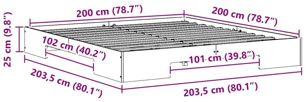 vidaXL Földi ágykeret tárolóval Fehér 200 x 200 cm Tömör fenyőfa
