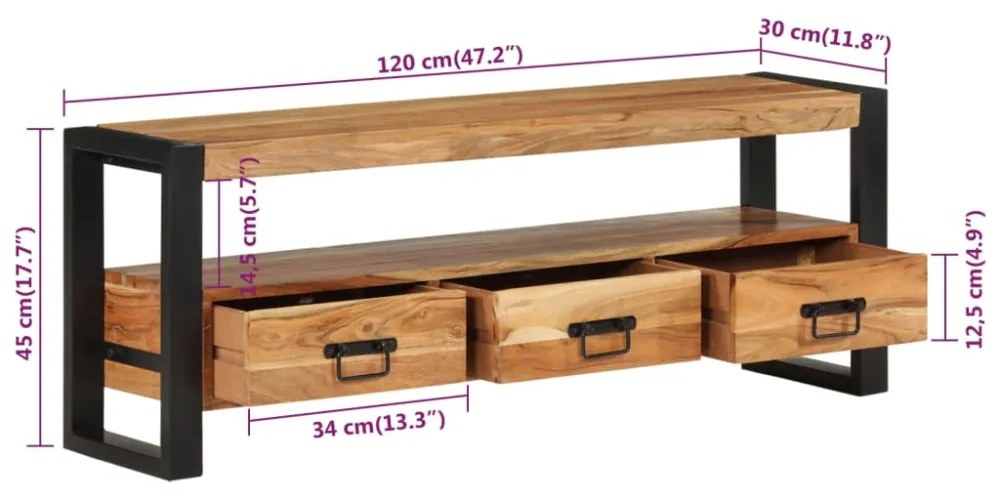 tömör akácfa TV-szekrény 120 x 30 x 45 cm