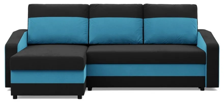 Hewlet sarokkanapé, 2 ágyneműtartóval, szövet anyag, univerzális oldal, bonell töltet, fekete - kék