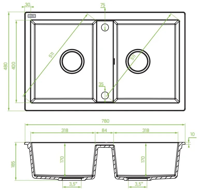 Laveo Barbados, 2 kamrás gránit mosogató 780x480x185 mm, fekete foltos, LAV-SBB_720T