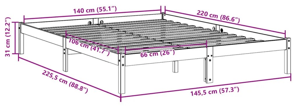 tömör fenyőfa extra hosszú ágykeret matrac nélkül 140 x 220 cm