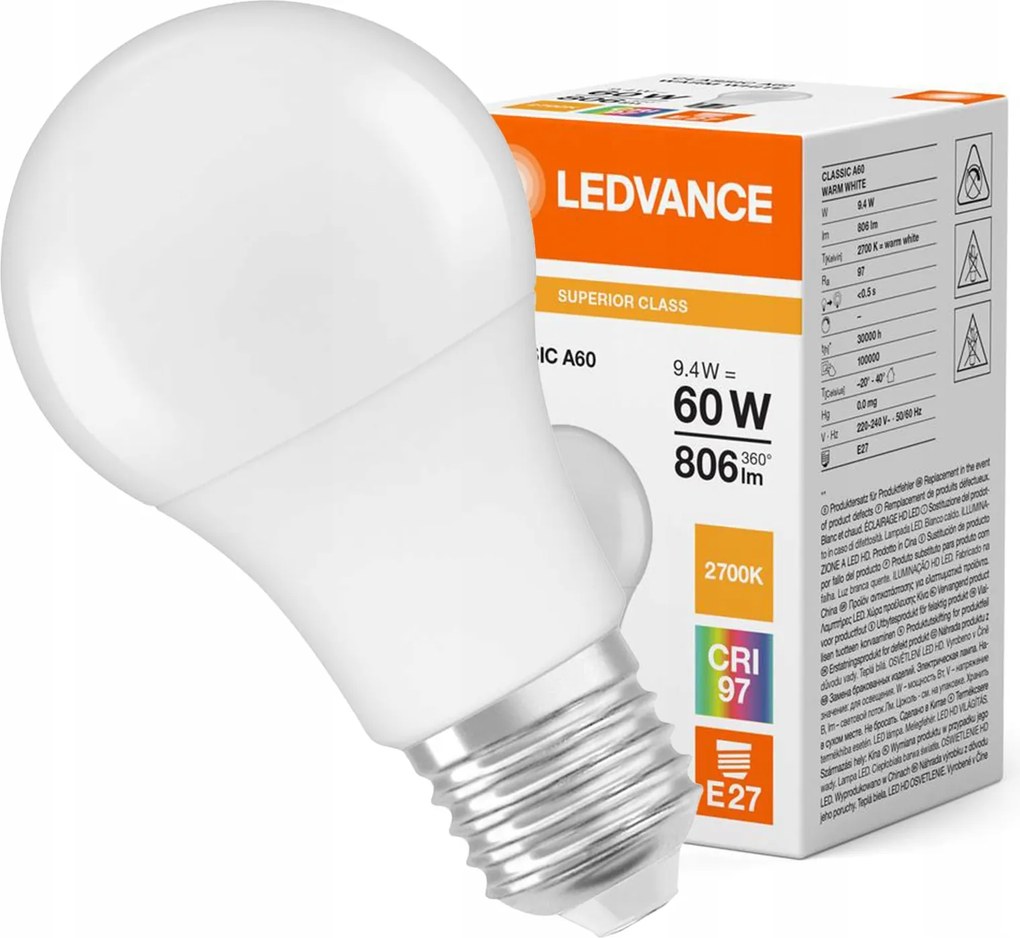 Led izzó A60 E27 9,4W 60W 806lm 2700K Meleg fehér Ledvance