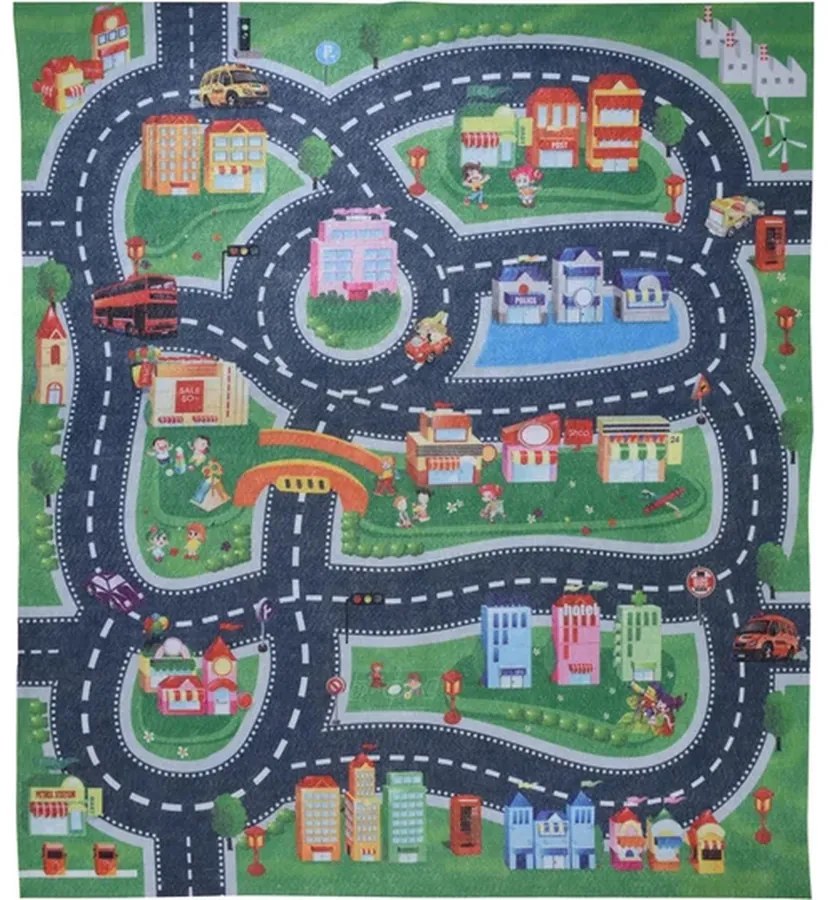 Játszószőnyeg 1 db kisautóval és 6 db közlekedési táblával, 70 x 79 cm
