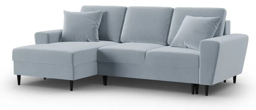 Világoskék bársony kinyitható tárolóhelyes sarokkanapé (bal oldali-heverő résszel) Kyoto – Cosmopolitan Design