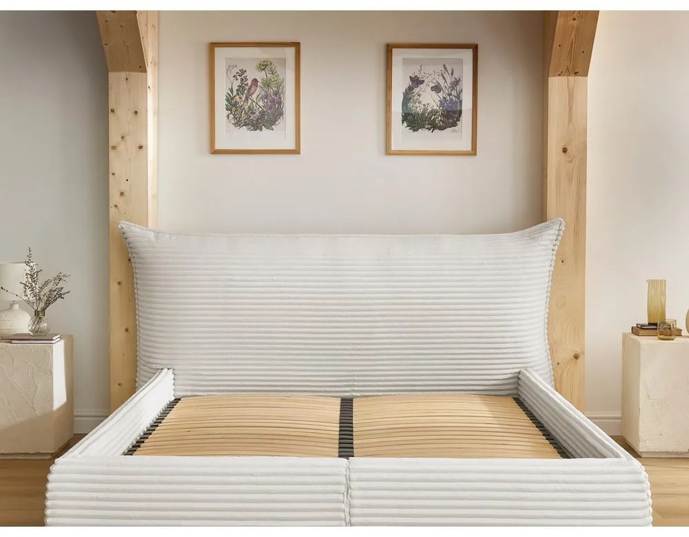 Bézs kárpitozott ágyneműtartós franciaágy ágyráccsal 180x200 cm Jade – Bobochic Paris