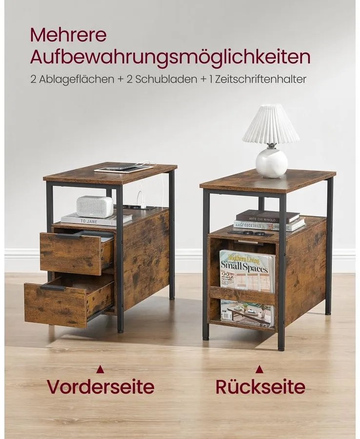 VASAGLE Oldalasztal, éjjeliszekrény beépített elosztóval barna és fekete színben