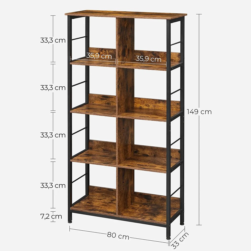 4 szintes könyvespolc, könyvespolc, 80 x 33 x 149 cm, rusztikus barna-fekete