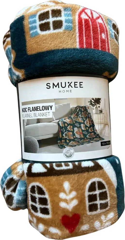 Karácsonyi takaró 130x170 cm sötétzöld Mézeskalács házikó