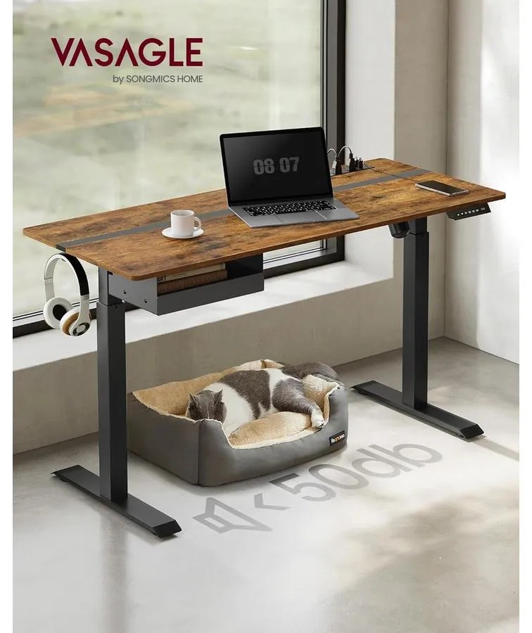Elektromos magasságállítható íróasztal 140 × 60 cm, konnektorokkal és USB-portokkal, vintage barna-fekete
