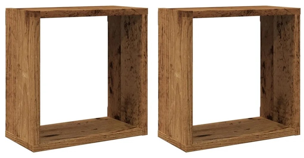2 db antik fa színű szerelt fa fali kockapolc 30x15x30 cm