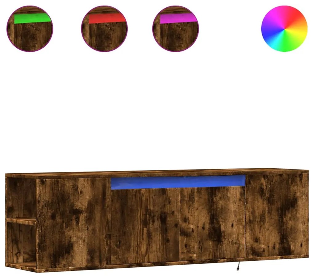 füstös tölgy színű fali TV-szekrény LED-ekkel 135x31x39,5 cm