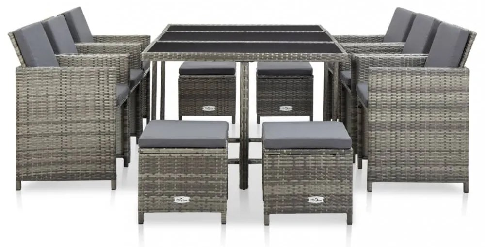 11 részes szürke polyrattan kültéri étkezőszett párnákkal