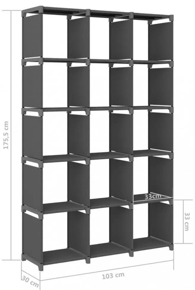 15 rekeszes szürke szövet bemutató polc 103 x 30 x 175,5 cm