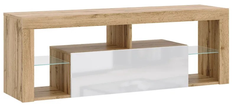 TV-szekrény 140 cm, Wotan tölgy/magasfényű fehér színkombinációban EVEREST HUGO