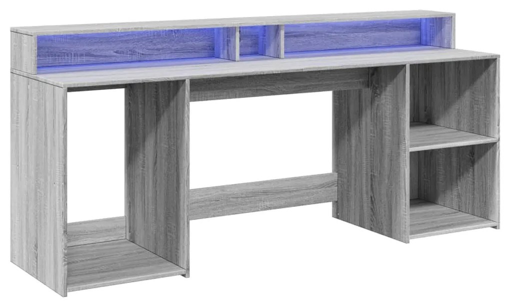 szürke sonoma színű szerelt fa íróasztal LED-ekkel 200x55x91 cm