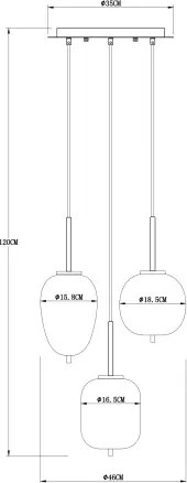 Globo 15345-3MM Függeszték fém matt, füszszínű üveg búrák, 3 eltérő alakú, ø: 460mm, M: 1200mm, fényforrás nélkül szállítva 3x E14 40W 230V
