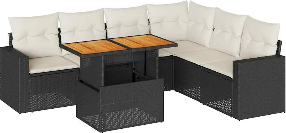 vidaXL 7 részes fekete polyrattan kerti ülőgarnitúra párnával