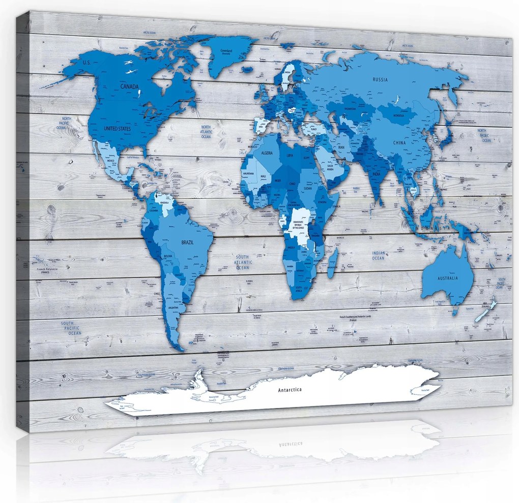 Vászonkép 60x40 Világtérkép kontinensek óceánok fa kék oktatási