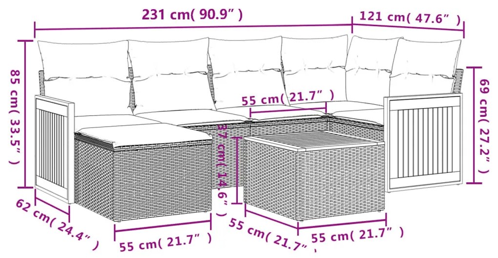 7 részes bézs polyrattan kerti ülőgarnitúra párnákkal