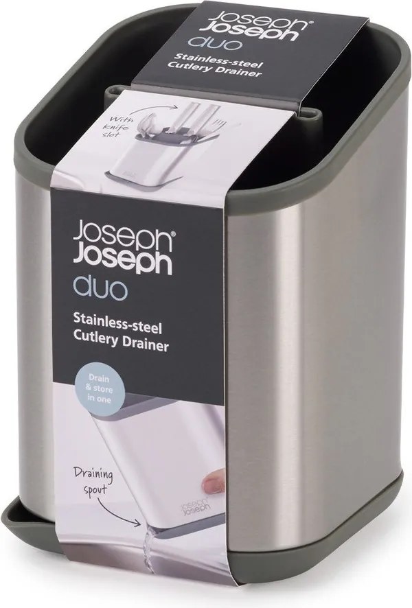 Fényes ezüstszínű rozsdamentes acél edényszárító evőeszközökhöz 11x11,5 cm Duo Steel – Joseph Joseph