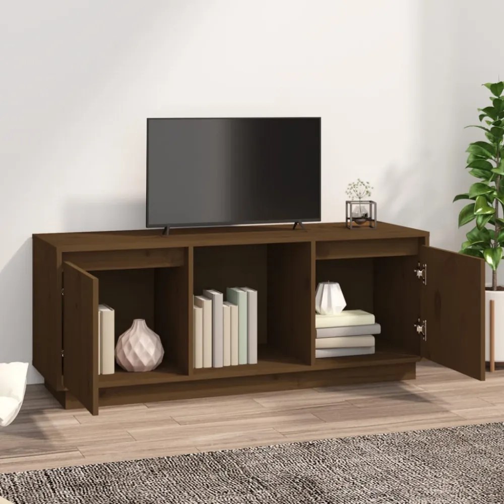 mézbarna tömör fenyőfa TV-szekrény 110,5x35x44 cm
