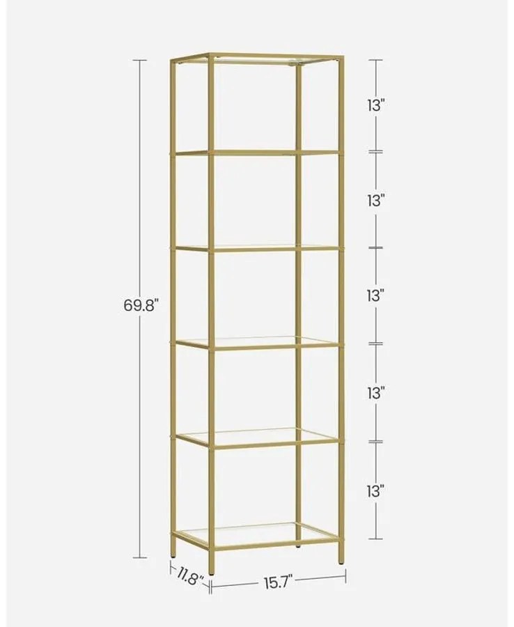 Könyvespolc, 6 szintes üvegpolc, fém kerettel, arany színű